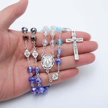 KOMI Crystal Rosary Beads with Jesus Crucifix, Catholic Necklace for Women First Communion Rosarios Wedding Rosary with Velvet Bag - style: 8MM-A