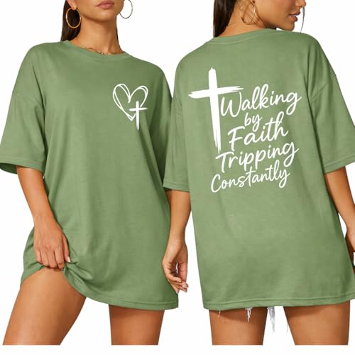 Christian Shirts for Men, Faith Tshirts for Women, Walking by Faith Tripping Constantly T-Shirt, Funny Religious Tee - color: Green, size: 3X-Large