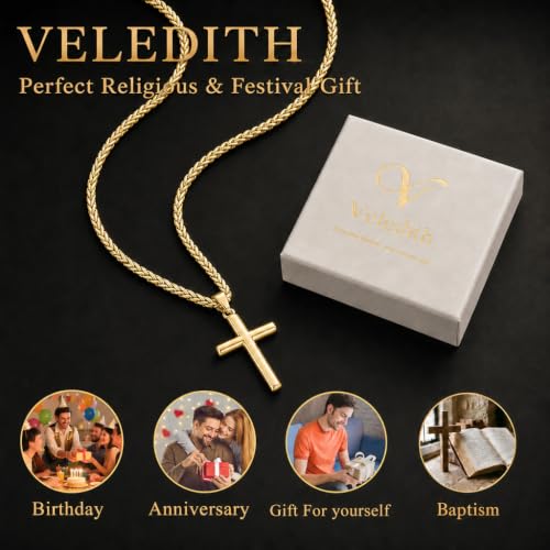 925 Sterling Silver Cross Necklaces for Mens Women CZ Beveled Edge - color: Classic Medium gold cross