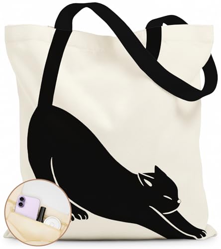 Canvas Tote Bag for Women with Zipper Cute - color: Black Cat