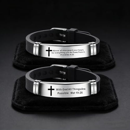 2Pcs Inspirational Quote Cross Bracelets Faith Christian Bible Verse Silicone ID Wristband Religious Bracelet Set Gift for Men Women - style: BR013/014