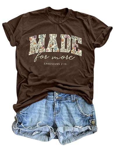 Made for More Christian Shirts for Women Inspirational Bible Verse T-Shirt Religious Faithful Short Sleeve Tee - color: Brown, size: Large