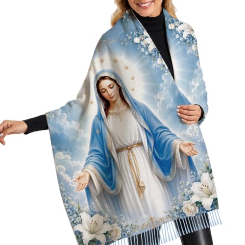 The Virgin Mary Bible Verse Shawls for Women, Catholic Christian Blanket Scarf Gifts or Mom Teacher Christmas - color: Light Blue