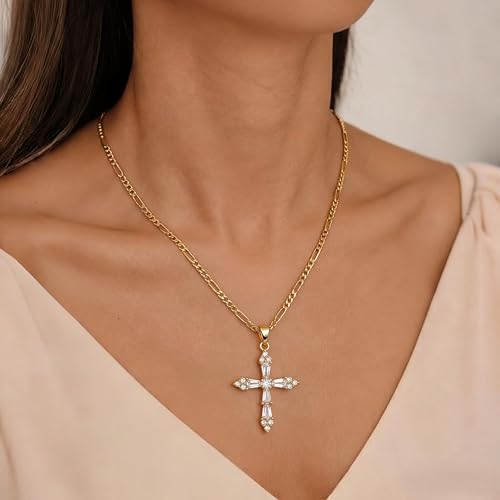 14K Gold Plated Cross Necklace for Women, Christian Jewelry - style: 4-CZ