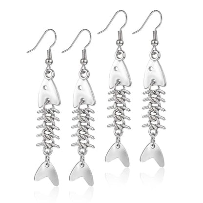 Yuanchu Fish Bone Grunge Earrings for Women, 2 Pair Zinc Alloy Long Cool Earrings Weird Jewelry Fishbone Dangle Earrings Fish Hook Punk Goth Earrings