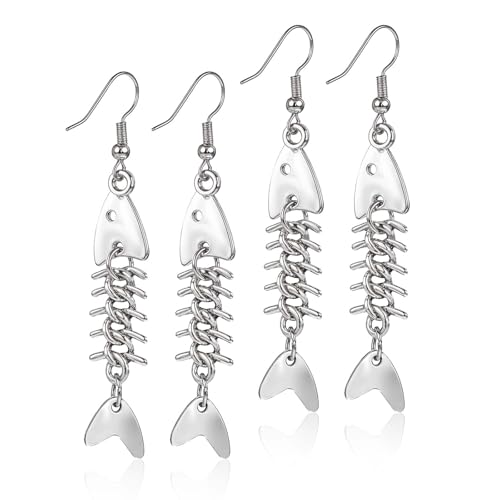 Yuanchu Fish Bone Grunge Earrings for Women, 2 Pair Zinc Alloy Long Cool Earrings Weird Jewelry Fishbone Dangle Earrings Fish Hook Punk Goth Earrings