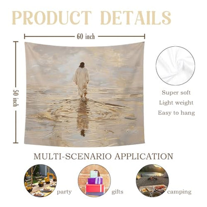 bitCNY Jesus Walking on Water Golden Glow Tapestry – Christian Wall Hanging with Divine Light, Faith-Inspired Religious Home Decor, 50x60 Inch - color: white-Water Golden Glow