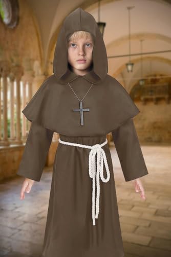 Kids Medieval Monk Robe Hooded Friar Cloak - color: Brown, size: Large