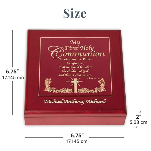 Let's Make Memories Personalized Communion Keepsake Box - Scripture - Sacrament - Religious Keepsake - First Communion - Natural Wood - Cherry Finish - Inspirational Verse - 6.75”Lx6.75”W - style: Scripture - Communion