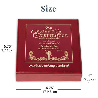Let's Make Memories Personalized Communion Keepsake Box - Scripture - Sacrament - Religious Keepsake - First Communion - Natural Wood - Cherry Finish - Inspirational Verse - 6.75”Lx6.75”W - style: Scripture - Communion
