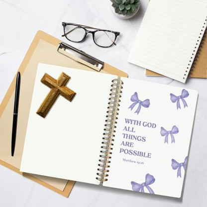 Coquette Purple Bow Spiral Bible Notebook for Note Taking - color: Matthew 19:26 - purple