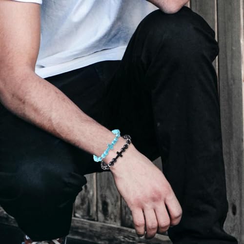Mens Beaded Bracelets, 8MM Beaded Bracelets for Men, Natural Tiger Eye Bead Bracelet, Stretch Elastic Beads Bracelets for Men - color: White turquoise black yellow