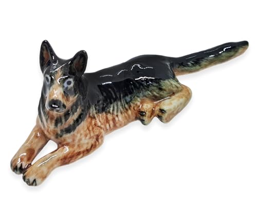 WitnyStore Tiny 3½" Black Brown Lying German Shepherd Alsatian Dog - Miniature Hand Made Painted Ceramic Dogs Puppy Hound Canine Animals Cute Porcelain Decorative Collectible Figures Décor Gifts
