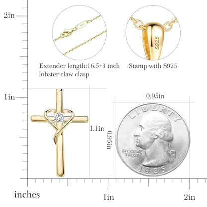 AmorAime 925 Sterling Silver Cross Necklace for Women Men 14K Gold Plated 5A CZ Birthstone Necklaces for Holiday - color: Z-Gold