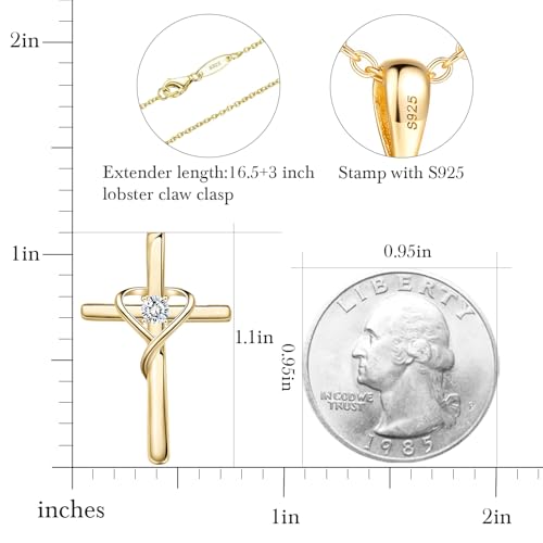 AmorAime 925 Sterling Silver Cross Necklace for Women Men 14K Gold Plated 5A CZ Birthstone Necklaces for Holiday - color: Z-Gold
