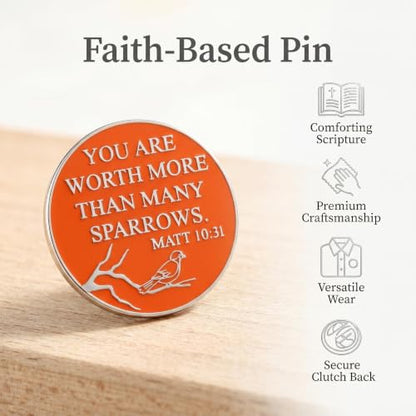 Matthew 10:31 Bible Verse Enamel Pin, Orange Silver Sparrow Lapel Pin, You Are Worth More Than Many Sparrows Christian Badge for Jackets Backpacks, Faith Encouragement Gift for Believers Church