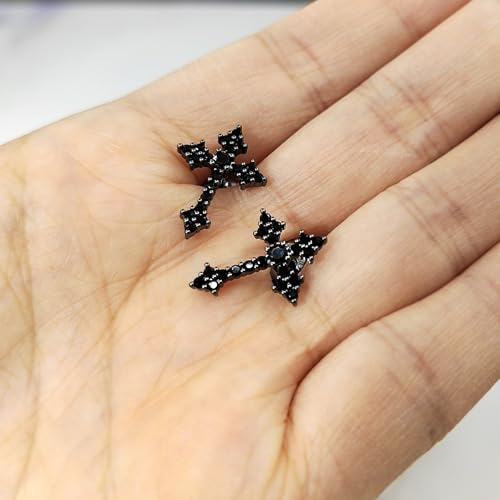 Cross Stud Earrings for Men Women S925 Silver Post CZ Sparkle - color: Black
