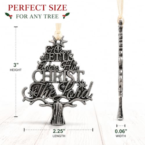 O Come Let Us Adore Him Christmas Ornament, Antique Silver Tone Christian Tree Ornament, Christ the Lord Religious Holiday Decoration, 3 Inch