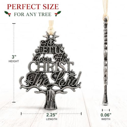 O Come Let Us Adore Him Christmas Ornament, Antique Silver Tone Christian Tree Ornament, Christ the Lord Religious Holiday Decoration, 3 Inch