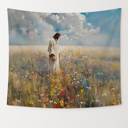 bitCNY Jesus Walking in Wildflower Field Tapestry – Christian Wall Art, Spiritual Home Decor, 50x60 Inch Fabric Hanging for Living Room Bedroom - color: white-Wildflower Field