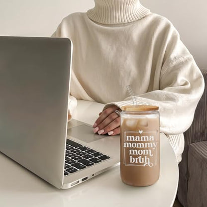 SANDJEST Mother Glass Can, Mama Mommy Mom Bruh Cup with Lid & Straw, Iced Coffee Aesthetic Cups, Idea Gift for Christmas Birthday Mother Day, Gifts for Women, 16oz - color: Mom 3