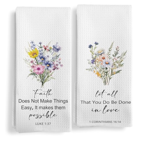 Christian Floral Kitchen Towels Set of 2, Floral Hand Towels for Bathroom Decor, Bible Verse Scripture Wildflowers Decorative Dish Tea Towels for Kitchen, Christian Gifts for Women, 16X24In - color: White-possible