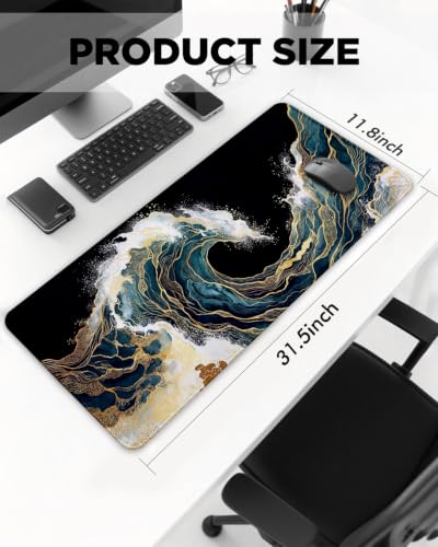 Mouse Pad, Desk Mat, 31.5x11.8in Large Mousepad, Blue Gold Waves - color: Blue Gold Waves