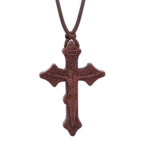 COTTVOTT Wood Orthodox Cross Pendant Necklace Christian Crucifix Necklace Prayer Jesus for Women Men - style: E-Red Color
