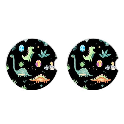 Cute Dinosaur Graffiti Ceramic Cup Holders - Pack of 2, Keep Cup Holders Clean and Dry, Drink Cup Car Holder Coasters with A Finger Notch - color: Dinosaur Graffiti