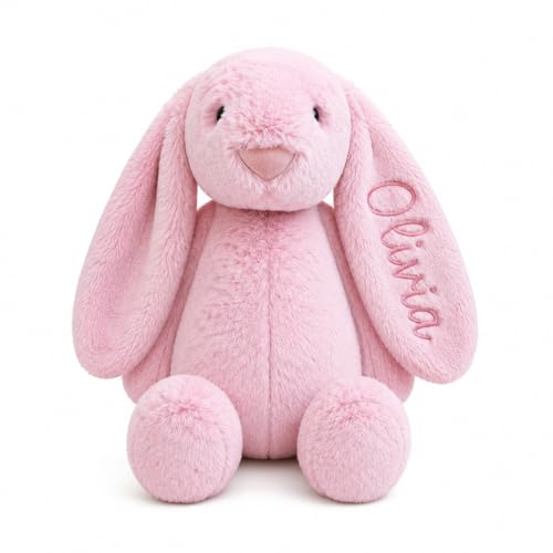 Personalized Embroidered Pink Stuffed Bunny, Custom Name Plush Rabbit Lovey for Baby Girl, Pink Bunny, Baptism Gift, Easter Basket Stuffers, Minky Name Blanket (Pink Bunny) - color: Pink Bunny