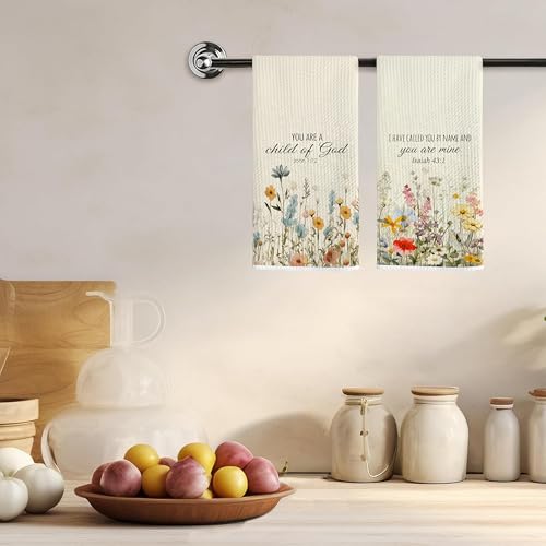 Vintage Floral Christian Kitchen Towels, Christian Gifts for Women, Inspirational Wildflower Bible Verse Decorative Hand Towels for Bathroom, Religious Decor Dish Tea Towel 16x24 Inch Set of 3