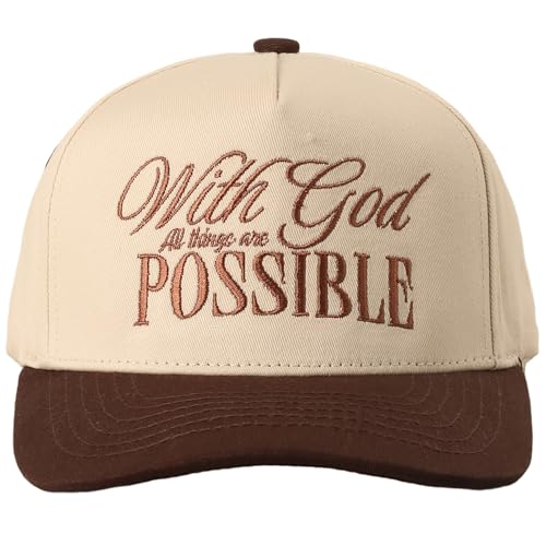 MIRMARU Christian Theme 5 Panel Embroidered Cotton Trucker Hat with Inspirational Faith Sayings for Men and Women - color: With God All Possible, Brown
