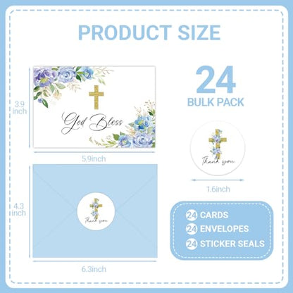 24 Pack Christian Thank You Cards, Watercolor Blue Floral Cross Baptism Thank You Cards with Envelopes & Stickers, VBS Thank You Cards First Communion & Religious Occasions - style: 24 Pcs - Blue Christian