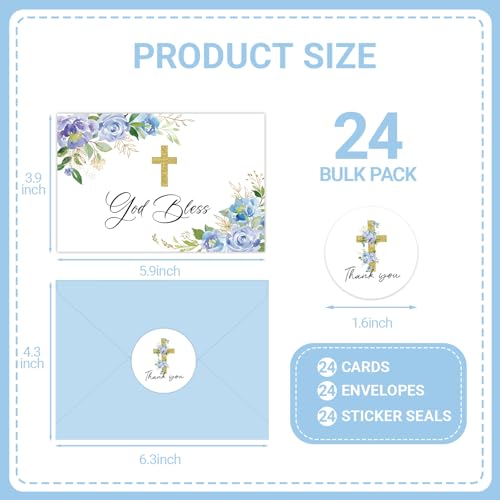 24 Pack Christian Thank You Cards, Watercolor Blue Floral Cross Baptism Thank You Cards with Envelopes & Stickers, VBS Thank You Cards First Communion & Religious Occasions - style: 24 Pcs - Blue Christian