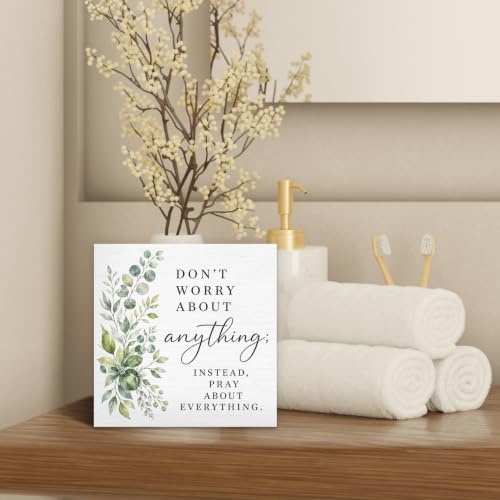 Inspirational Christian Religious Wood Box Sign Desk Decor 5X5 - color: Pray Everything