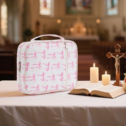 Bible Cover Case for Women Large Corduroy Bow Bible Bag Organizer Quilted Study Supplies Accessories Carrying Cases for Girls Portable Tote Bag Christian Gifts - color: Corduroy Ribbons