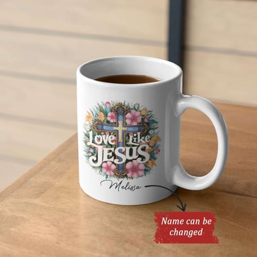 Love Like Jesus Ceramic Mug, Christian Cup With Customized Name, Inspirational Mug 11oz 15oz, Personalized Christian Faith Cup, Custom Mug Featuring Floral Cross Design, Gift For Christian - color: HOA-624-2167-LOVE LIKE JESUS MUG