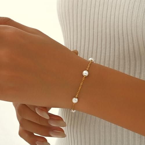 18K Gold Plated Pearl Beaded Cross Bracelets for Women Adjustable - color: Multi Pearls-Gold