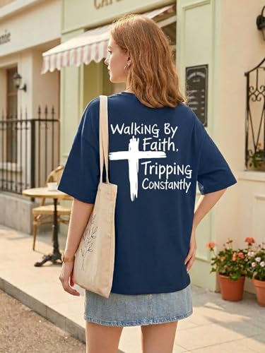 Christian Oversize Shirt for Women Jesus Faith Bible Verse Graphic Tee Tops - color: Bllue, size: Small
