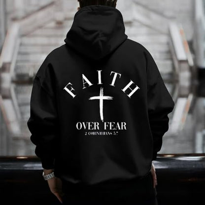 Men Faith Over Fear Christian Cross Graphic Pullover Hoodie - color: Black, size: X-Large