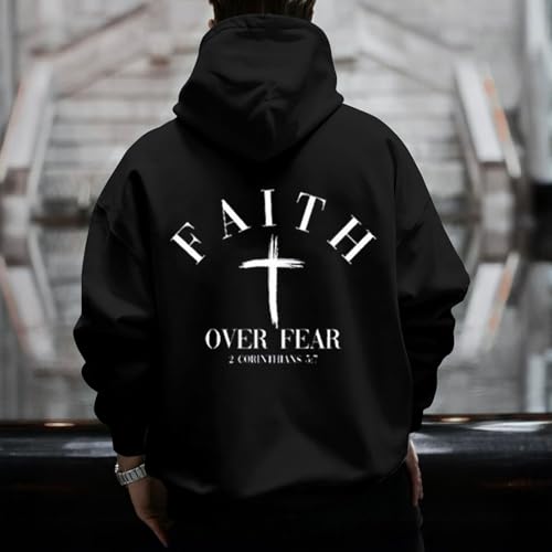 Men Faith Over Fear Christian Cross Graphic Pullover Hoodie - color: Black, size: Medium