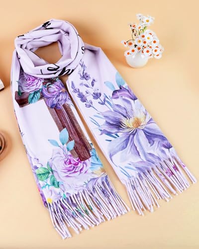 Bozidol Prayer Shawl for Women Christian Floral Cross Bible Verse Scarf Clothes for Christmas Mothers Day Birthday Gifts - color: Purple 02
