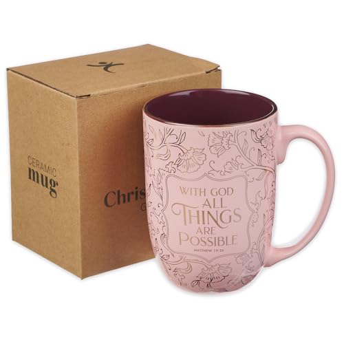 Christian Art Gifts Large Ceramic Coffee Bible Verse Mug for Women - color: All Things are Possible/Pink & Rose Gold Floral