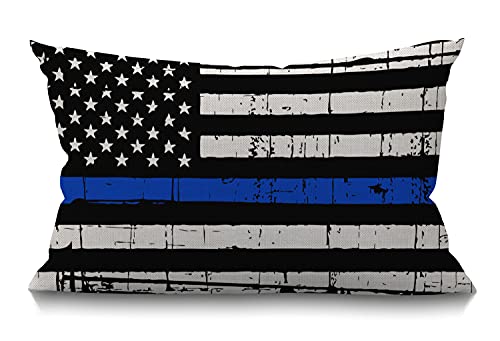 Smooffly Throw Pillow Cover Vintage Weathered Thin Blue Line US Flag Law Enforcement Waist Lumbar Cotton Linen Throw Pillow case Cushion Cover for Sofa Home Decorative Oblong 12x20 Inches - color: Md025