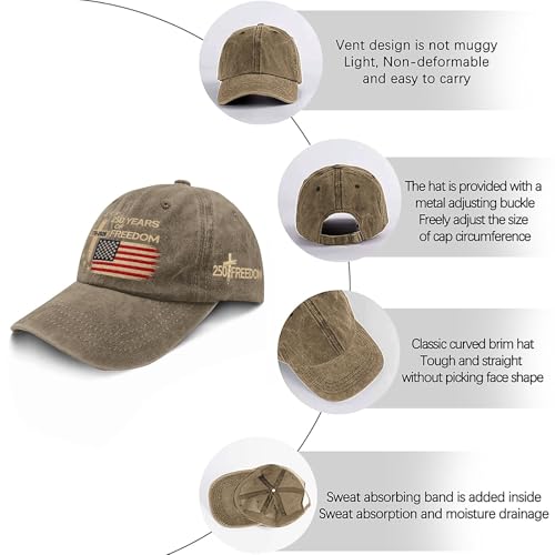 US 250 Years Freedoms 1776-2026 250th Birthday Embroidered Hats Garde Cap for Him - color: 250th Anniversary Us 250 Year American Patrioticpigment Khaki2
