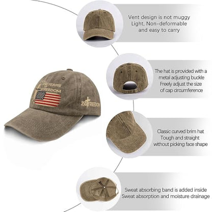 US 250 Years Freedoms 1776-2026 250th Birthday Embroidered Hats Garde Cap for Him - color: 250th Anniversary Us 250 Year American Patrioticpigment Khaki2
