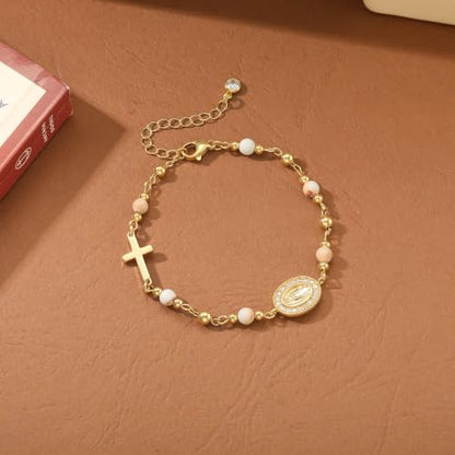 Moodear Cross Bracelet for Women, Dainty Sterling Silver/Gold Plated Gift - color: Virgen's Rosary Cross Bracelet