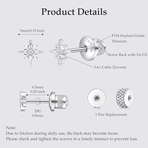 Limerencia Titanium Flat Back Screw Back Stud Earrings for Women Men - color: Silver 5