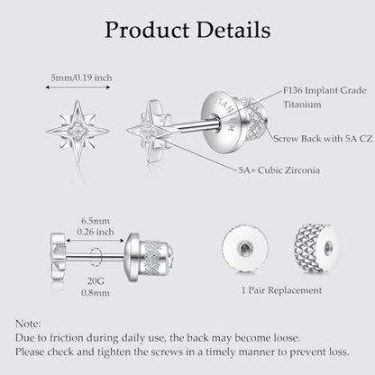 Limerencia Titanium Flat Back Screw Back Stud Earrings for Women Men - color: Silver 5