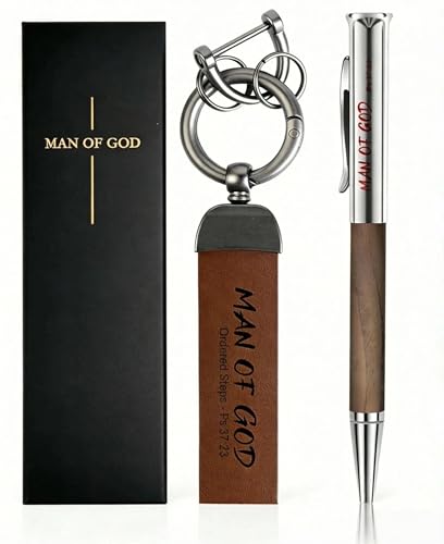 Christian Keychain and Walnut Rollerball Pen Set, Man of God Keychain, Religious Gift, Pastor Appreciation Gift - color: Pen and Keychain